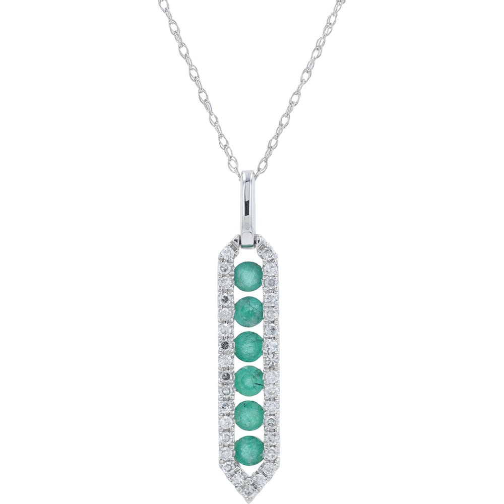10K White Gold Elongated Drop Pendant with Prong-Set Round Emeralds and 0.20 Carat Diamond Halo