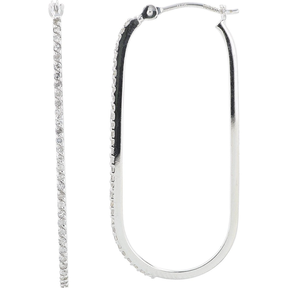 10K White Gold Elongated Oval Hoop Earrings with Prong-Set Round Diamonds - 0.32 Carat Total Diamond Weight