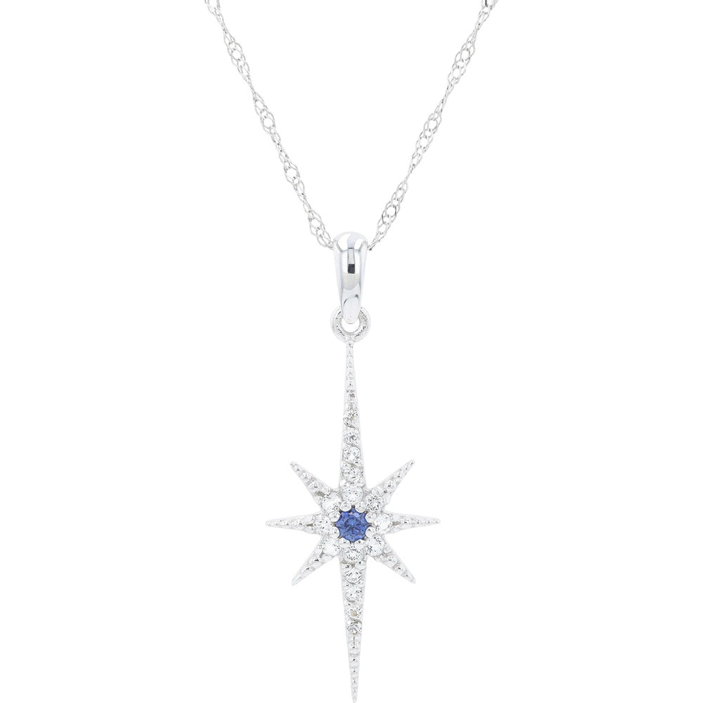 10K White Gold Elongated Star Pendant with Pavé-Set Created White and Center Blue Sapphires
