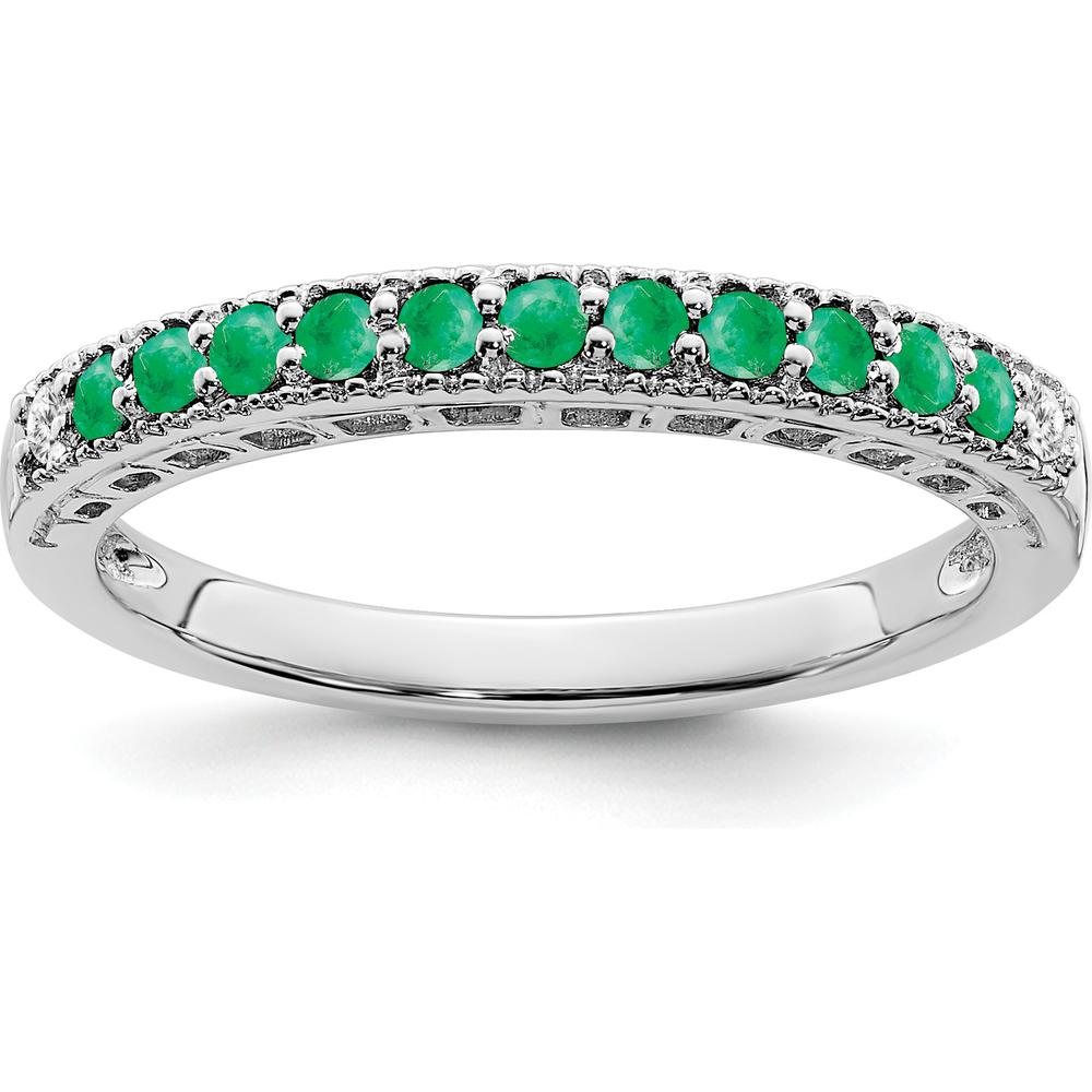 10K White Gold Emerald and Diamond Band - Polished Tapered Ring with Open Back and Rhodium Plating by 0
