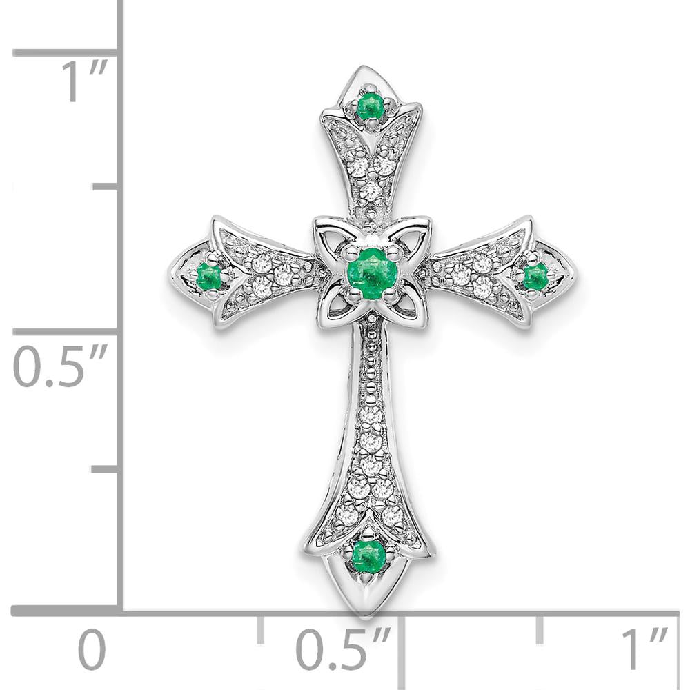 10K White Gold Emerald and Diamond Fleur de Lis Cross Slide Pendant - 0.11 Carat Total Gem Weight by Oro Pregiato