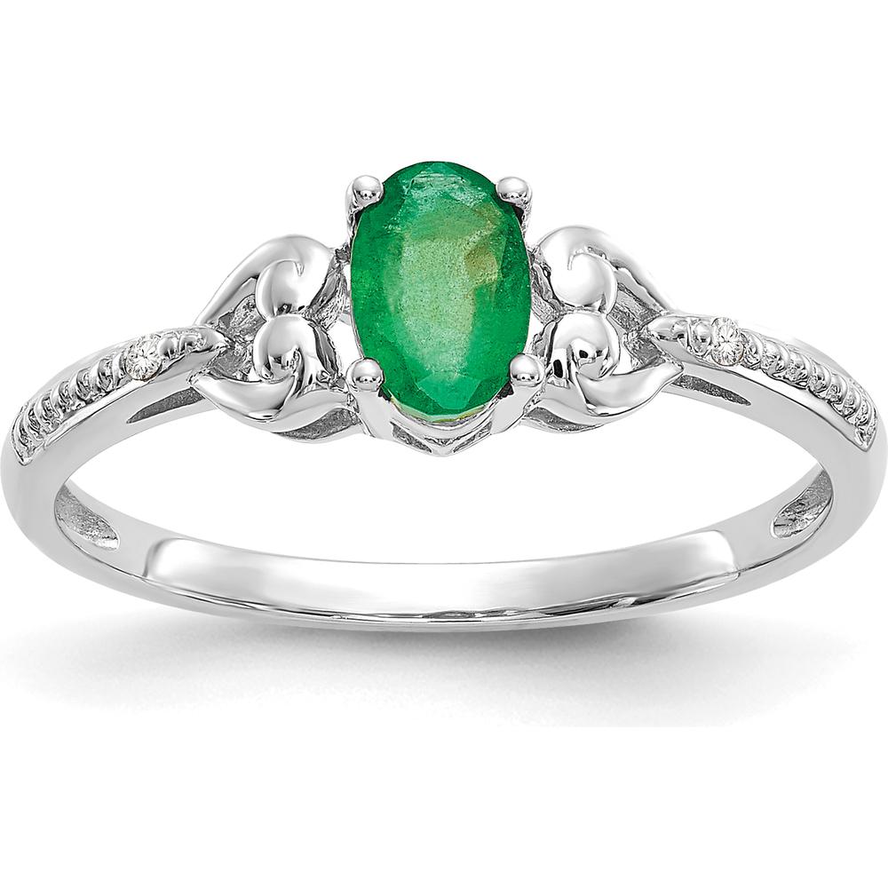 10K White Gold Emerald and Diamond Ring with Oval Emerald - 0.42 Carat and Round Diamonds - 0.01 Carat Total Diamond Weight