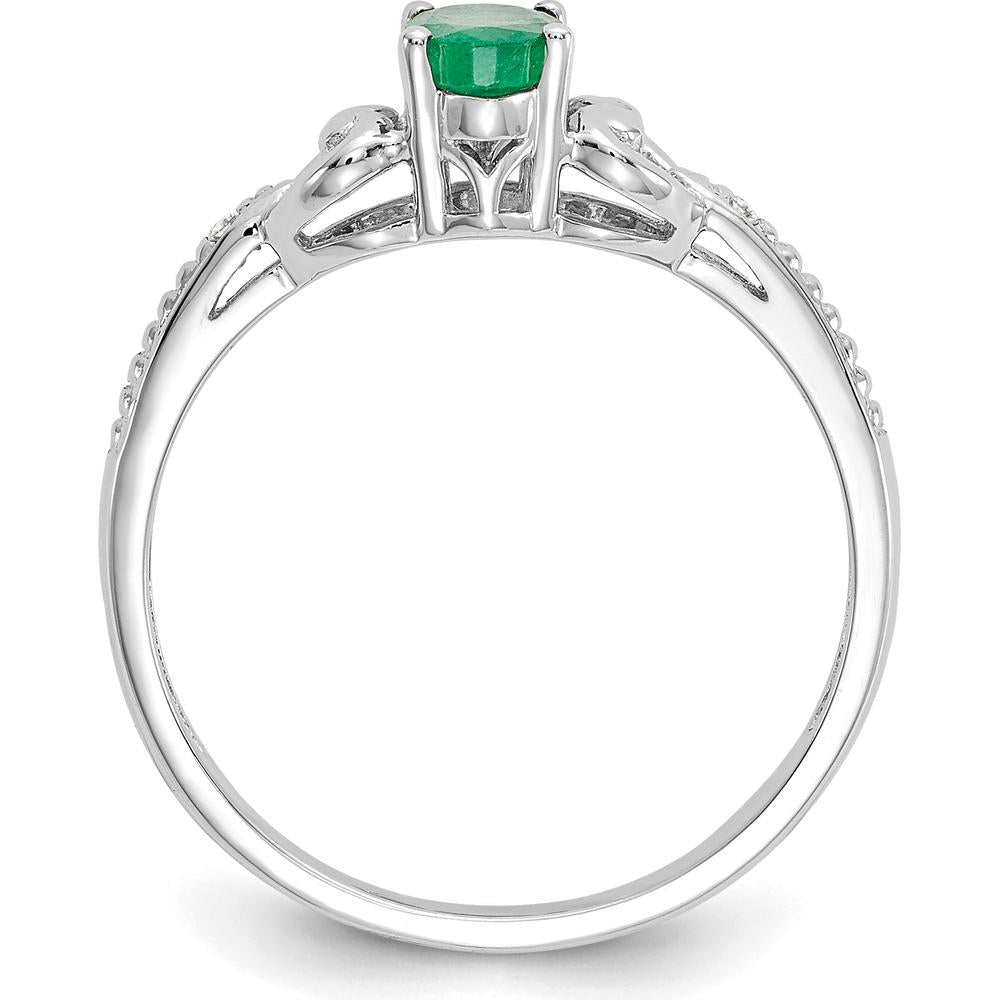 10K White Gold Emerald and Diamond Ring with Oval Emerald - 0.42 Carat and Round Diamonds - 0.01 Carat Total Diamond Weight