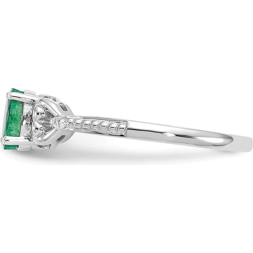 10K White Gold Emerald and Diamond Ring with Oval Emerald - 0.42 Carat and Round Diamonds - 0.01 Carat Total Diamond Weight