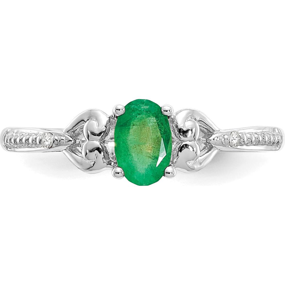 10K White Gold Emerald and Diamond Ring with Oval Emerald - 0.42 Carat and Round Diamonds - 0.01 Carat Total Diamond Weight