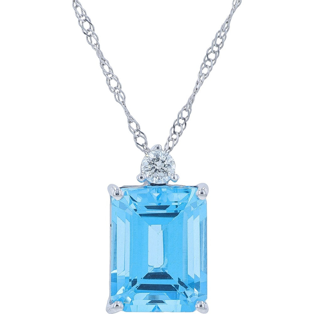 10K White Gold Emerald-Cut Blue Topaz Pendant with Round Diamond Accent - 2.75 Carat Total Gem Weight