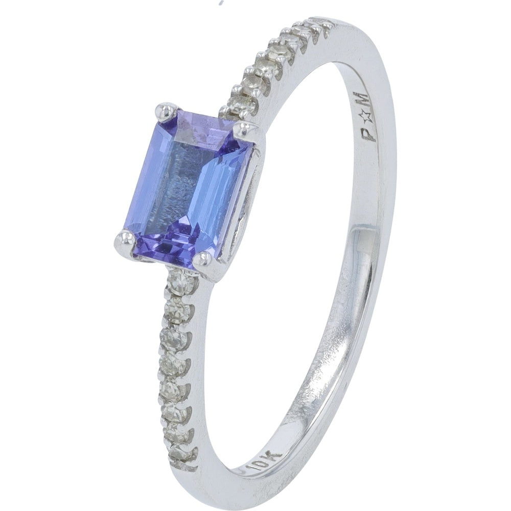 10K White Gold Emerald-Cut Tanzanite Ring with Diamond Accented Band - 0.10 Carat Total Diamond Weight