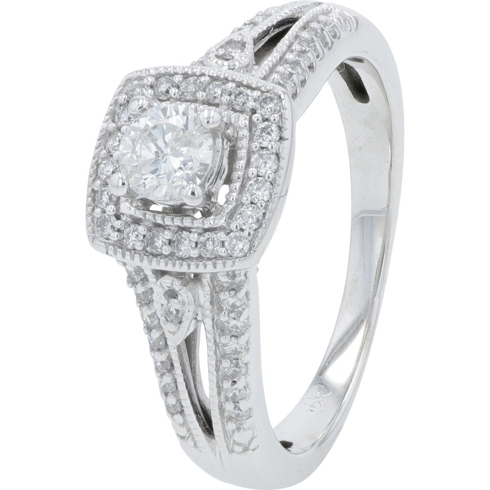 10K White Gold Engagement Ring with Round Diamond Center and Cushion Halo - 0.50 Carat Total Diamond Weight