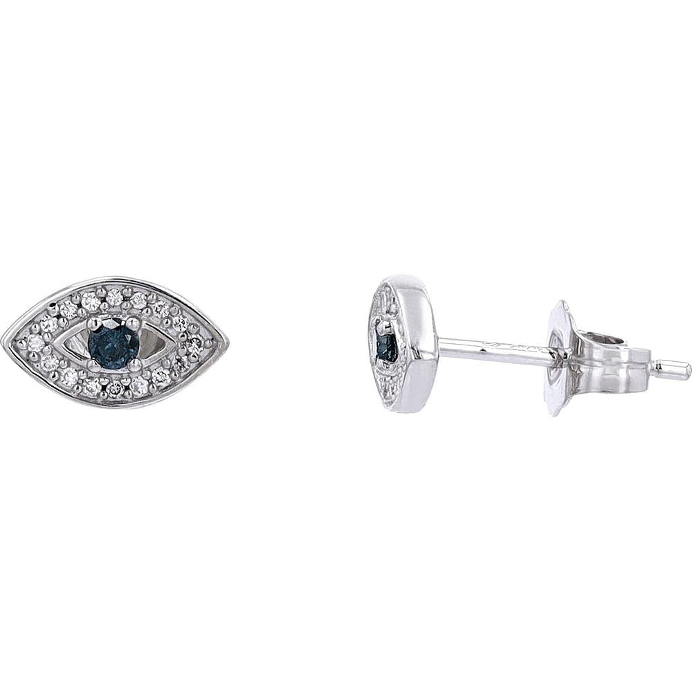 10K White Gold Evil Eye Stud Earrings with Treated Blue and White Diamonds - 0.20 Carats Total Diamond Weight