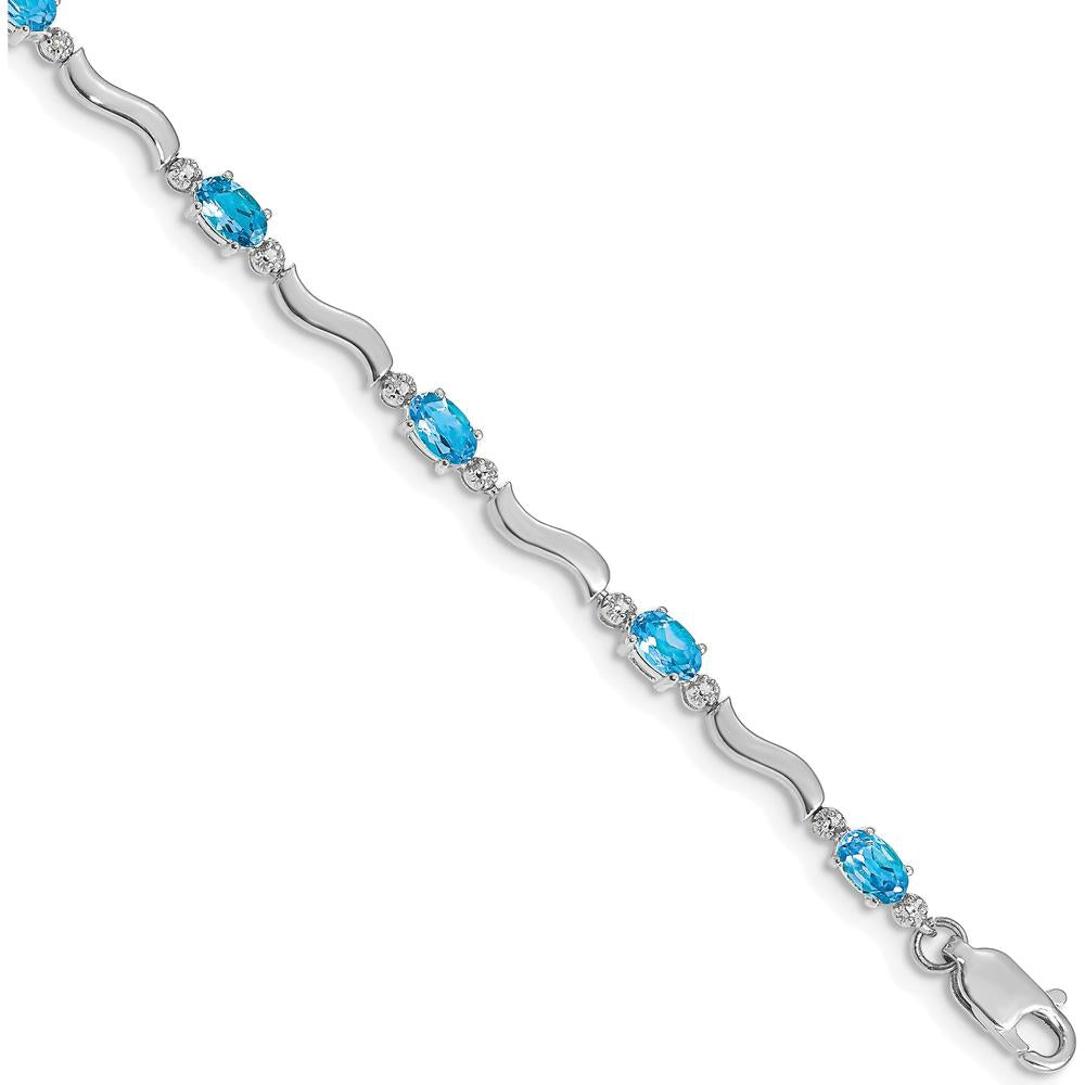 10K White Gold Fancy Diamond and Blue Topaz Bracelet with Oval Swiss Blue Topaz - 0.3 Carats Total Gem Weight by Oro Pregiato