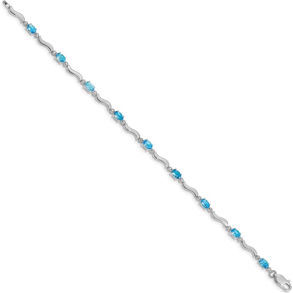 10K White Gold Fancy Diamond and Blue Topaz Bracelet with Oval Swiss Blue Topaz - 0.3 Carats Total Gem Weight by Oro Pregiato