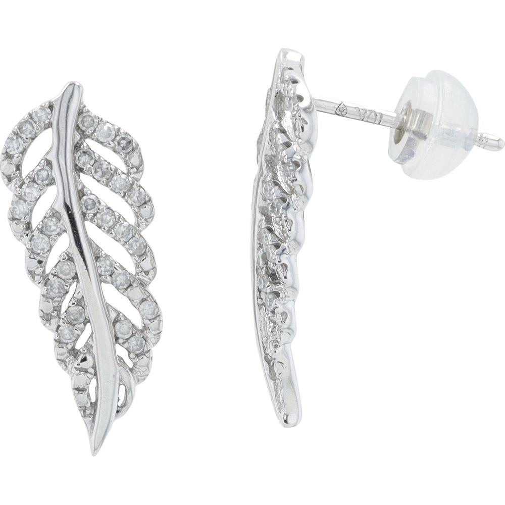 10K White Gold Feather Earrings with 0.25 Carat Total Round Diamonds - 0.125 Carat per Earring