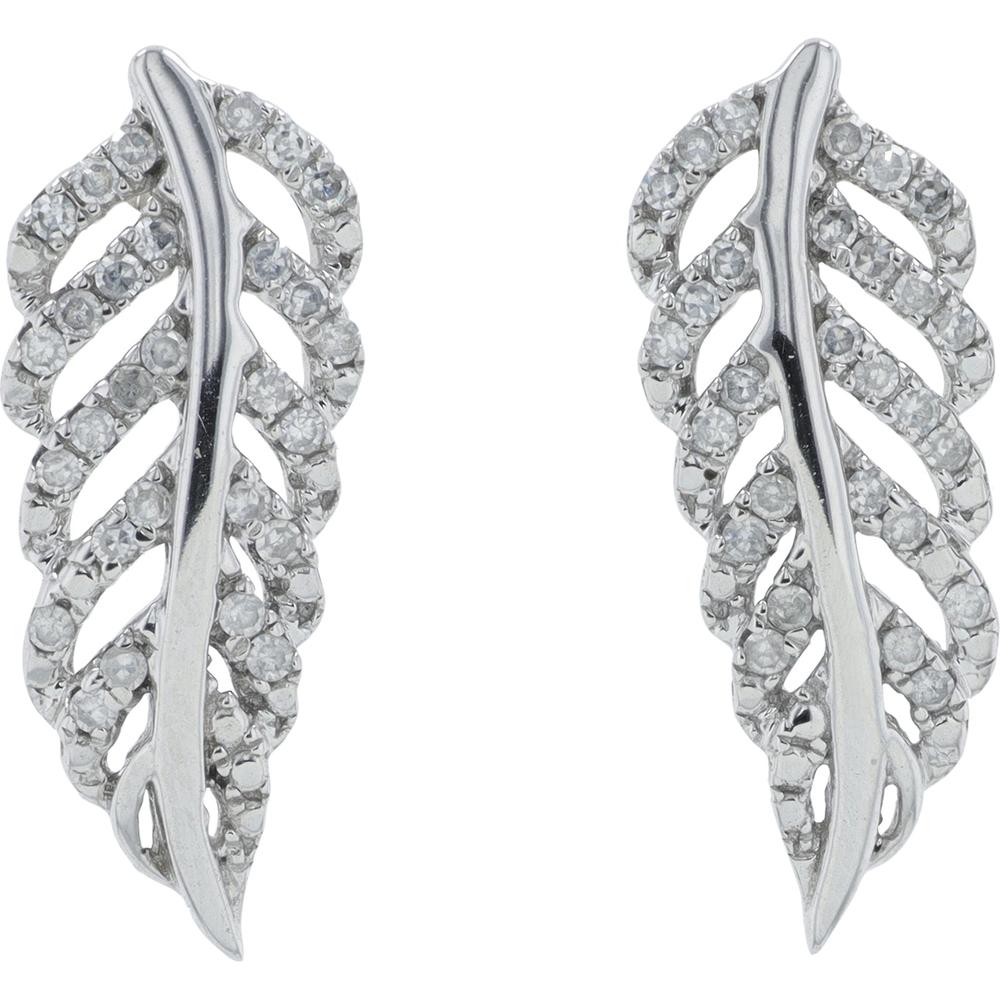 10K White Gold Feather Earrings with Round Diamonds - 0.25 Carat Total Diamond Weight
