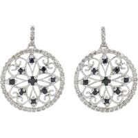 10K White Gold Filigree Drop Earrings with Round Sapphires and Diamond Accents - 0.66 Carat Total Sapphire Weight and 0.44 Carat Total Diamond Weight