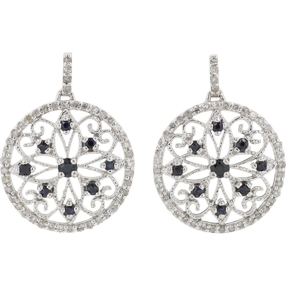 10K White Gold Filigree Drop Earrings with Round Sapphires and Diamond Accents - 0.66 Carat Total Sapphire Weight and 0.44 Carat Total Diamond Weight