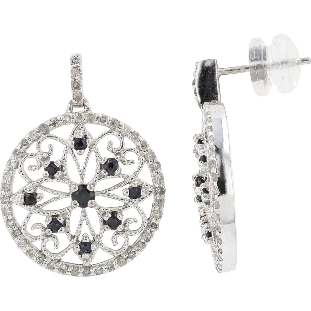 10K White Gold Filigree Drop Earrings with Round Sapphires and Diamond Accents - 0.66 Carat Total Sapphire Weight and 0.44 Carat Total Diamond Weight