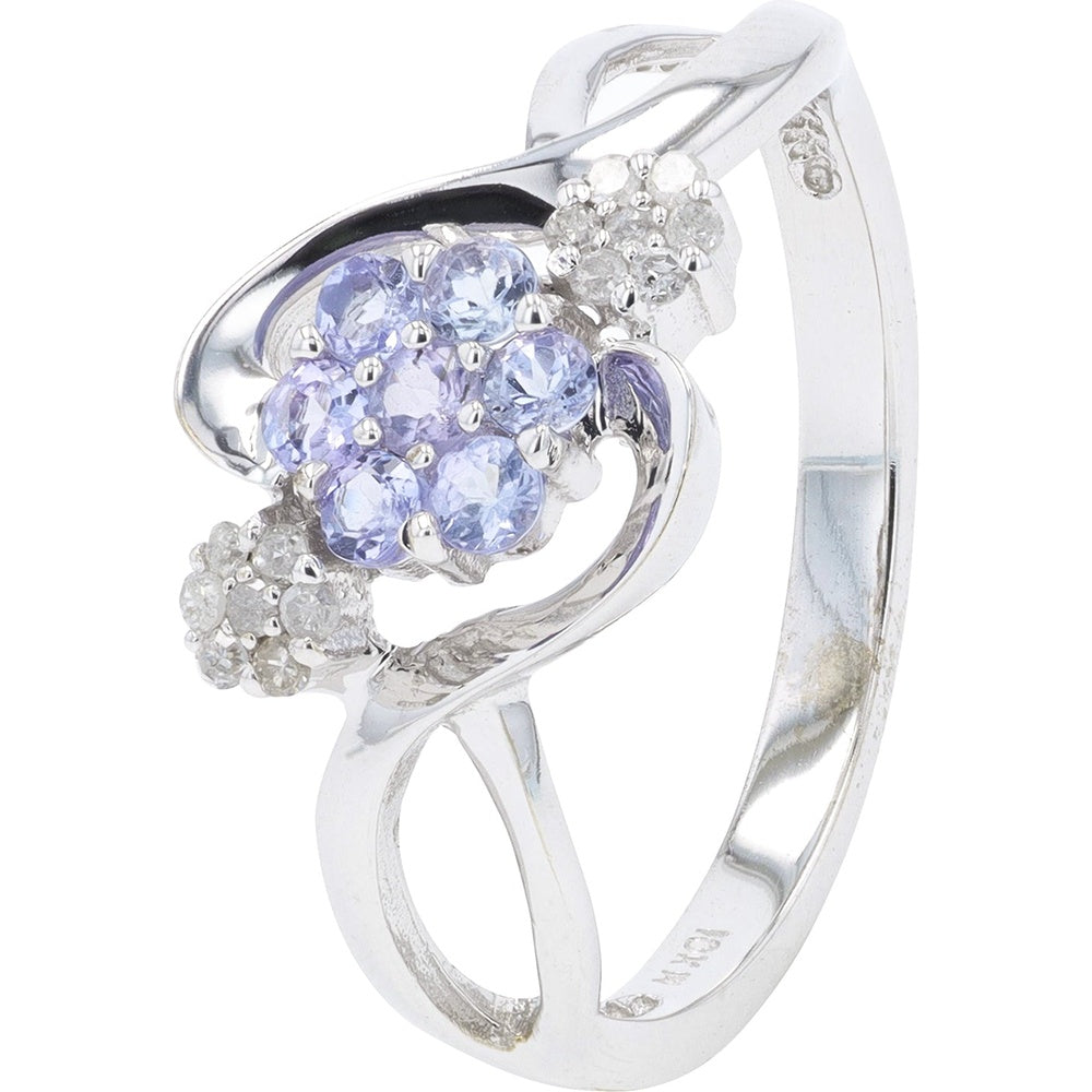 10K White Gold Floral Cluster Ring with Round Tanzanite and Diamond Accents - 0.07 Carat Total Diamond Weight
