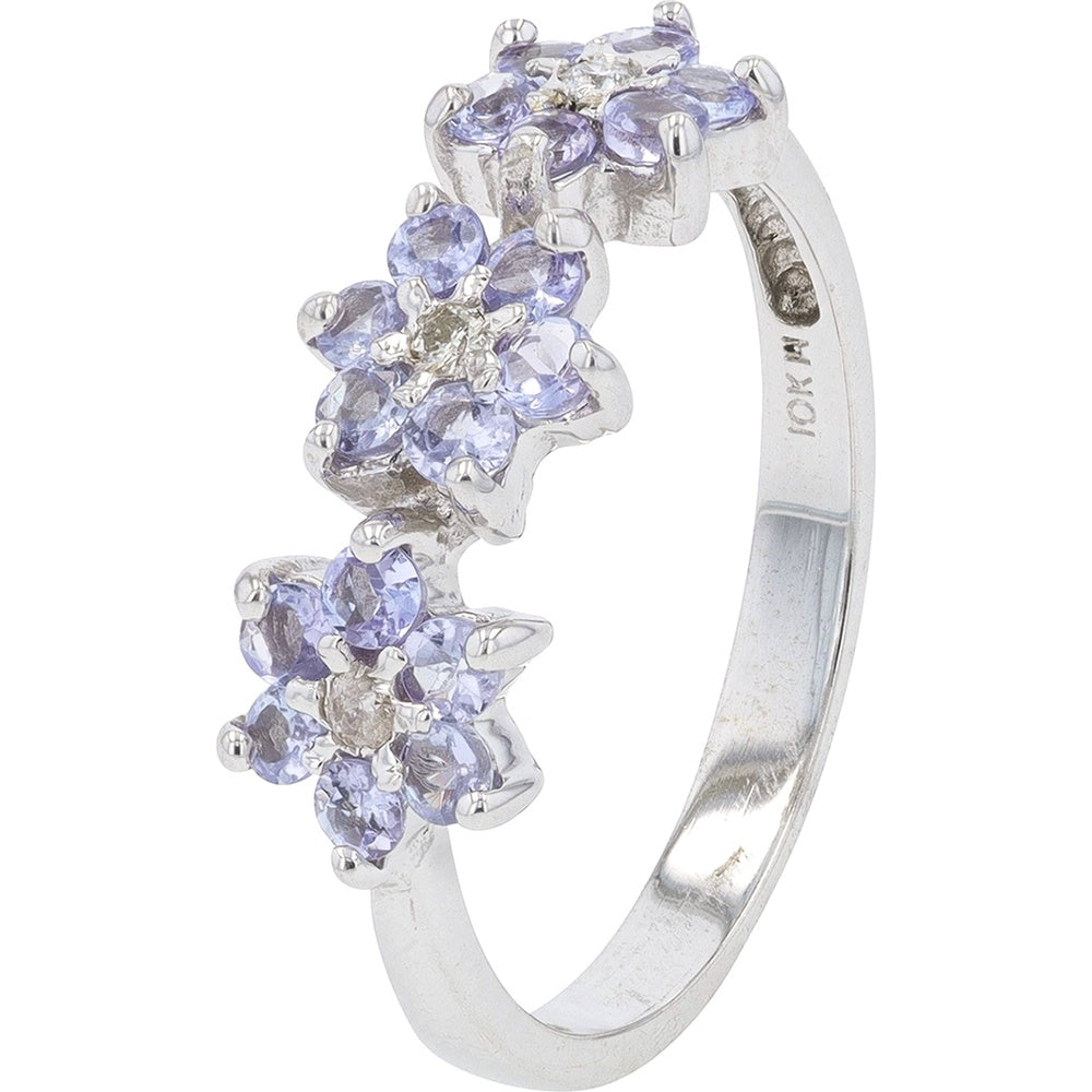 10K White Gold Floral Cluster Ring with Round Tanzanite Petals and Diamond Accents - 0.05 Carat Total Diamond Weight
