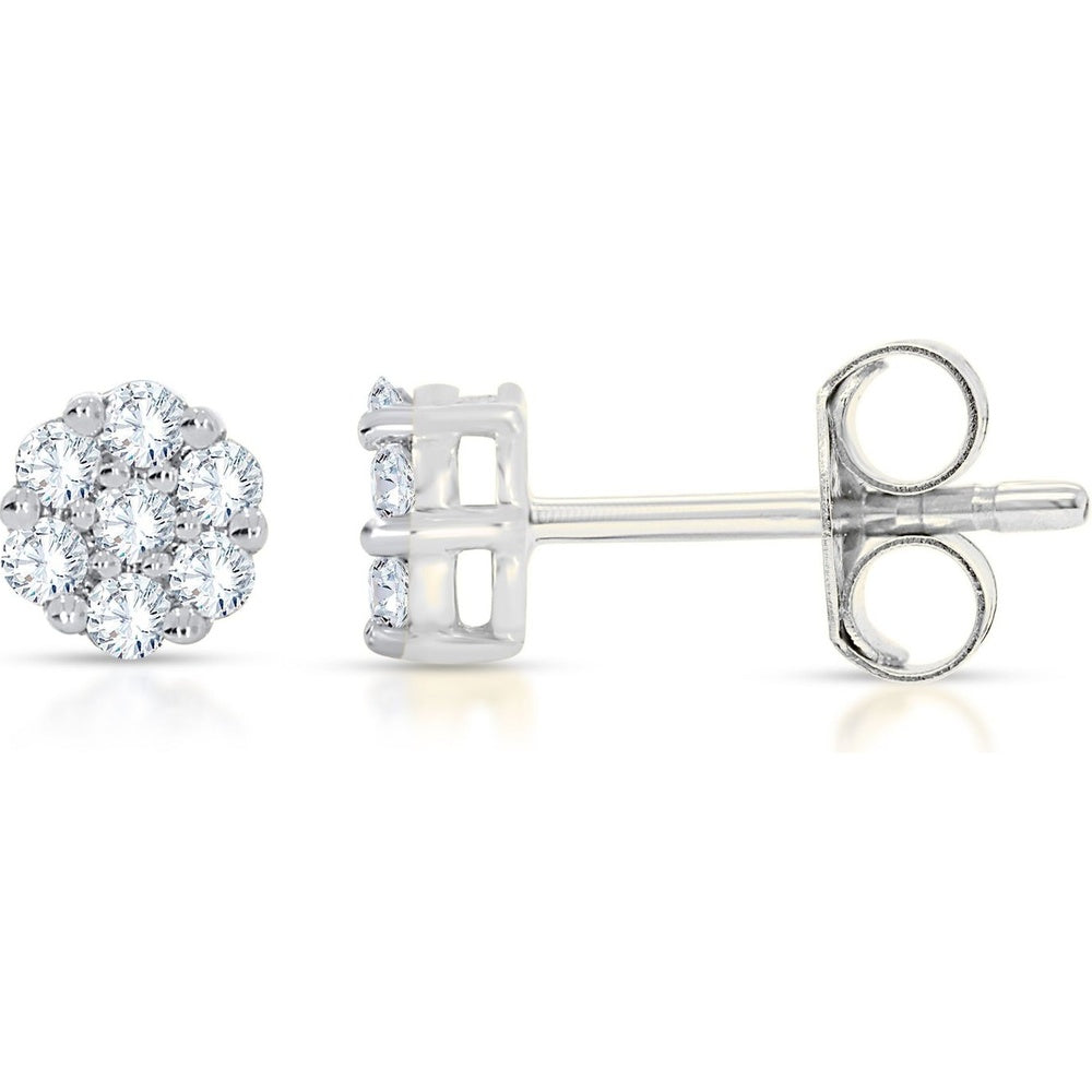 10K White Gold Floral Cluster Stud Earrings with Round Diamonds - 0.10 Carat Total Diamond Weight by Auriventus