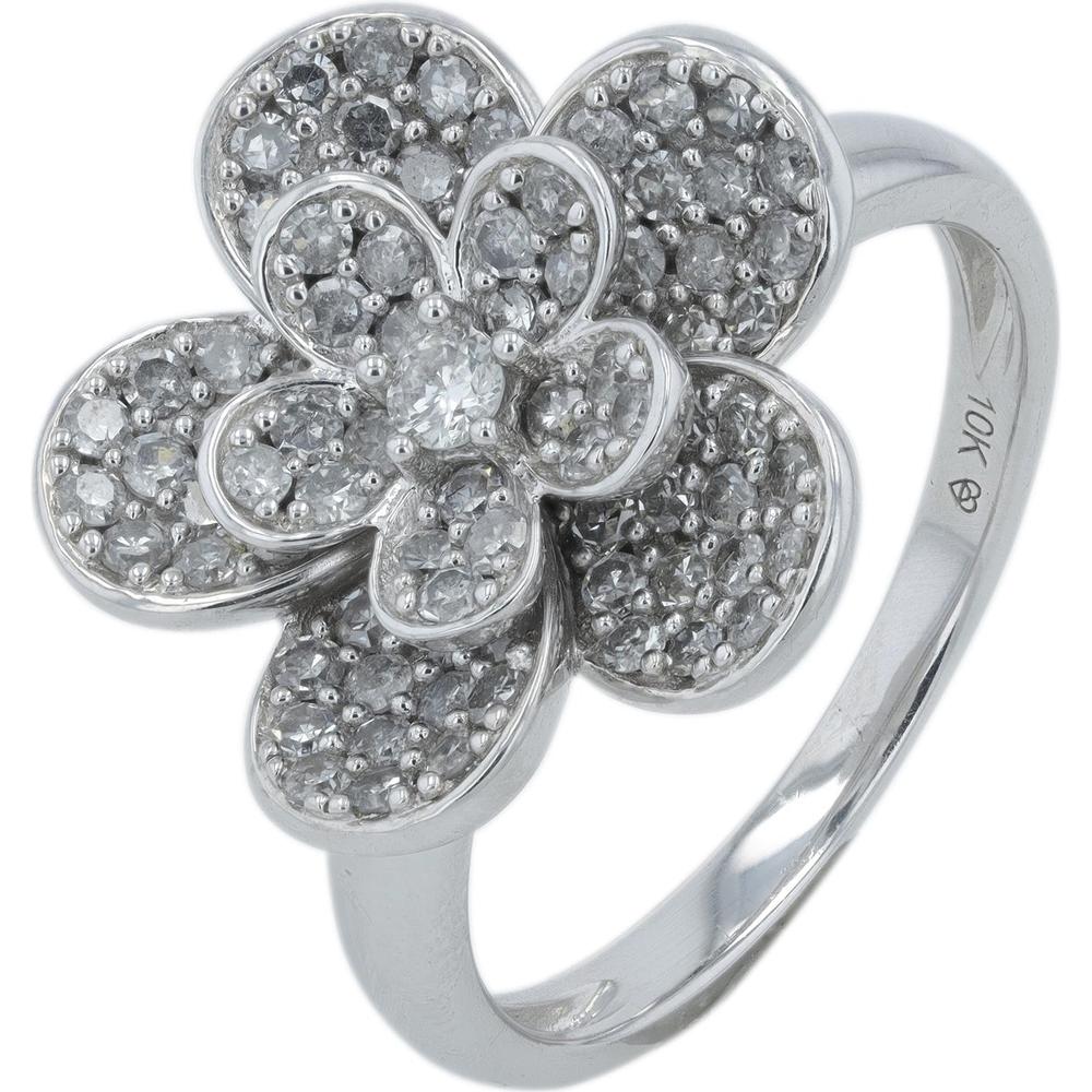 10K White Gold Floral Diamond Ring with Pavé Set 1.00 Carat Total Diamond Weight