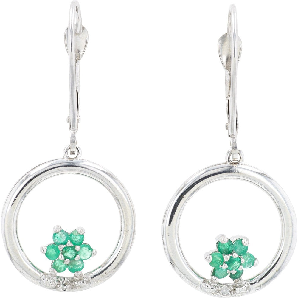 10K White Gold Floral Drop Earrings with Prong Set Round Emeralds and Accent Diamonds - 0.42 Carat Total Emerald Weight