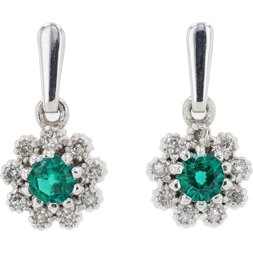 10K White Gold Floral Drop Earrings with Prong-Set Round Emeralds and Diamond Halo - 0.20-0.28 Carat Total Emerald Weight and 0.09 Carat Total Diamond Weight