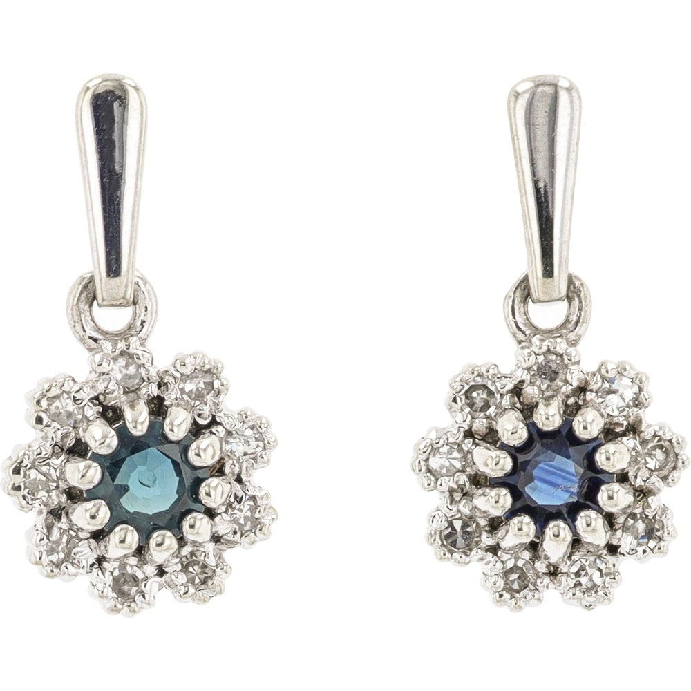10K White Gold Floral Drop Earrings with Round Sapphires and Diamond Halo - 0.20-0.28 Carat Total Sapphire Weight and 0.09 Carat Total Diamond Weight