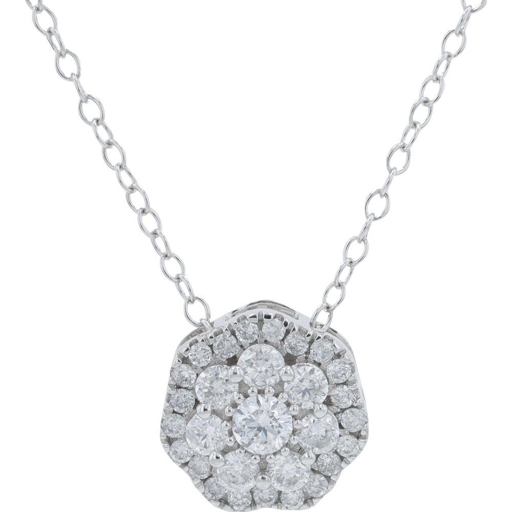 10K White Gold Floral Halo Cluster Pendant Necklace with Round Brilliant Cut Diamonds - 0.50 Carat Total Diamond Weight