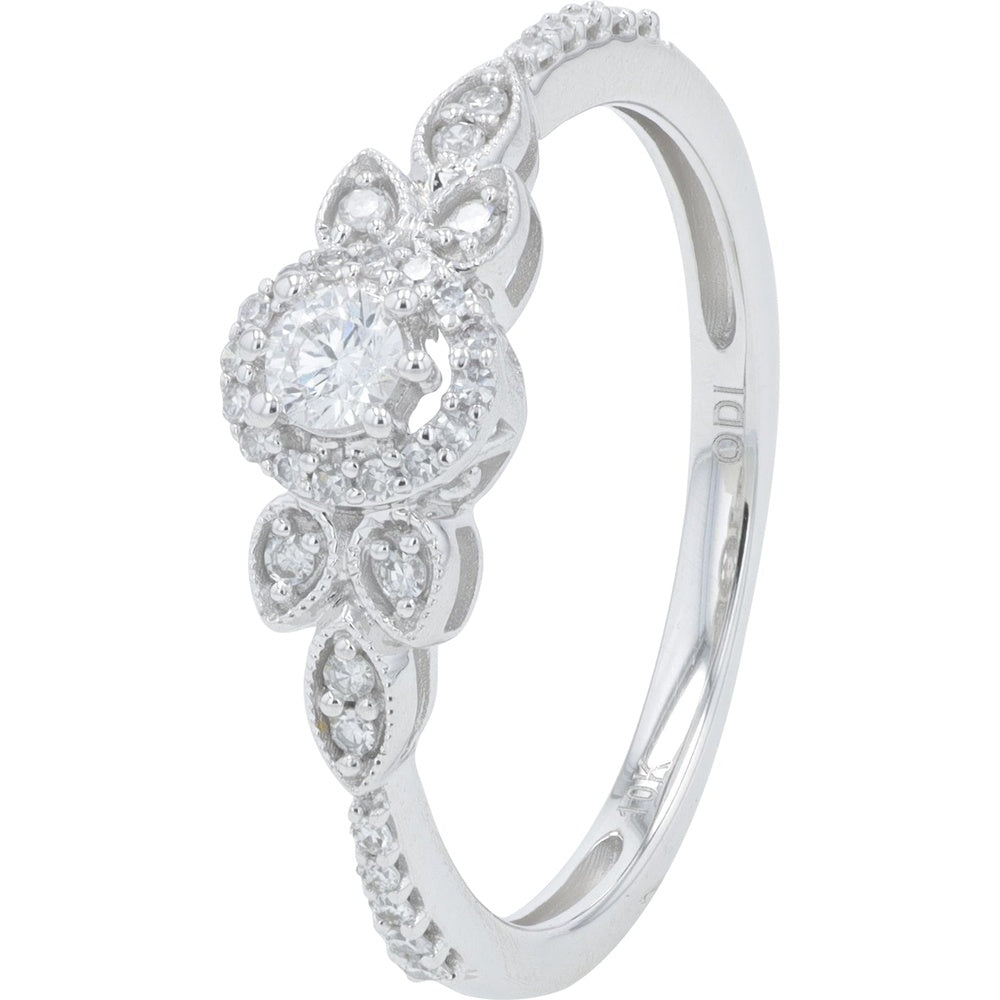 10K White Gold Floral Halo Engagement Ring with Round Center Diamond and Milgrain Detail - 0.25 Carat Total Diamond Weight