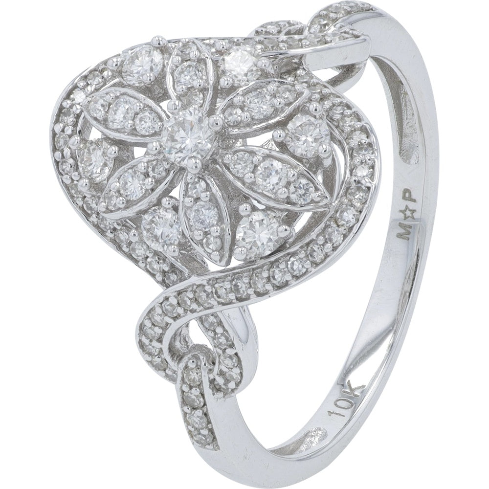 10K White Gold Floral Heart Halo Ring with Prong Set Round Diamonds - 0.50 Carat Total Diamond Weight