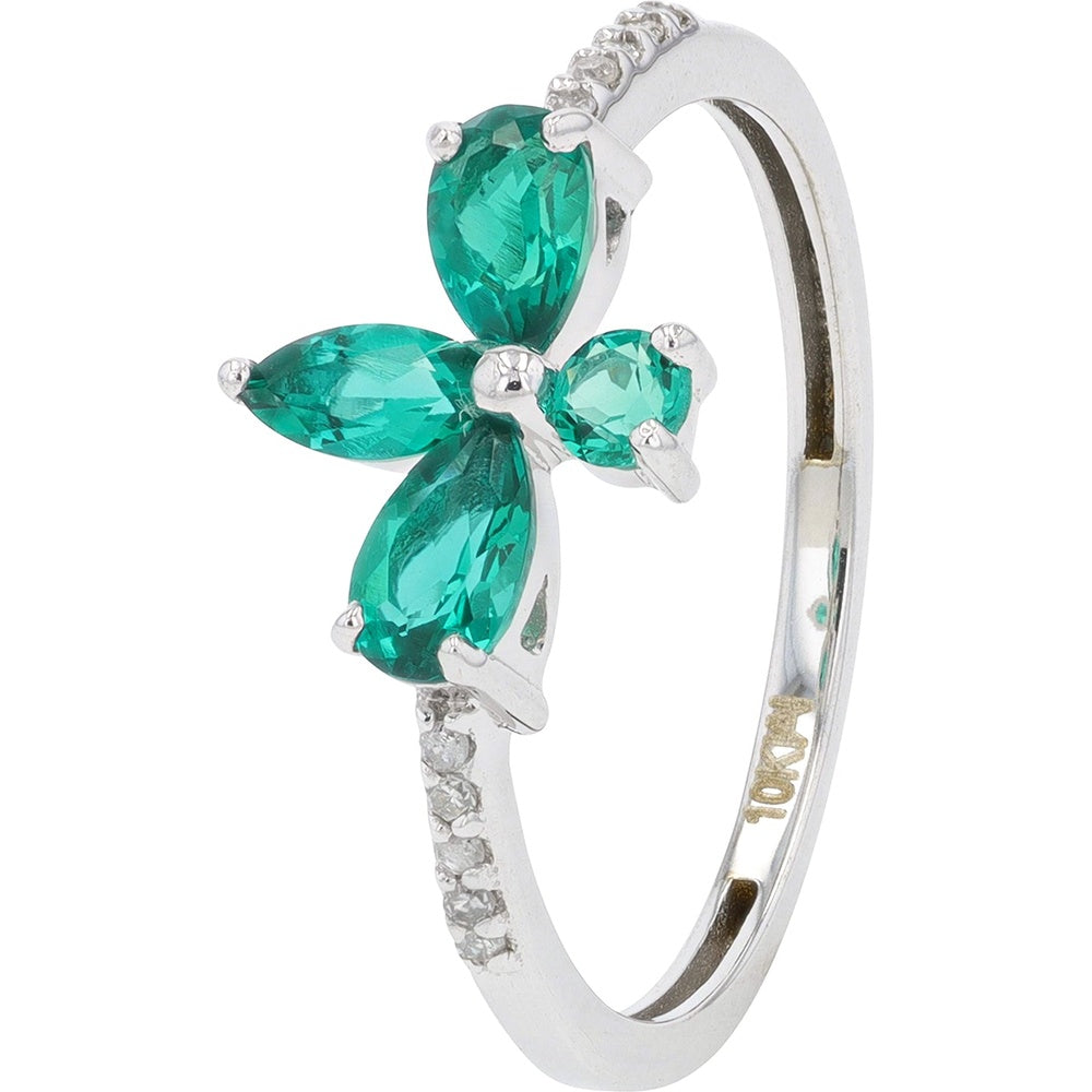 10K White Gold Floral Ring with Pear-Shaped Emeralds and Round Diamond Accents - 0.05 Carat Total Diamond Weight