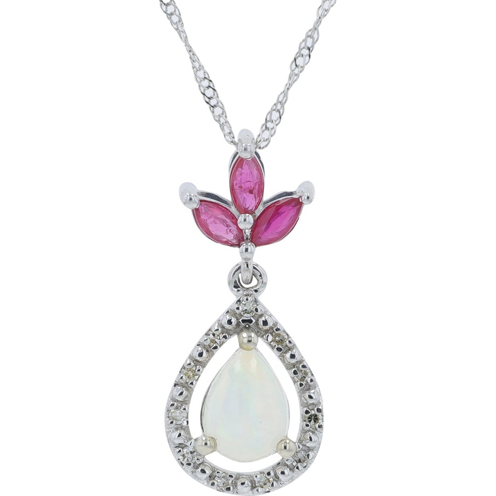 10K White Gold Floral Teardrop Pendant with Marquise Rubies and Pear-Shaped Opal - 0.40 Carat Opal with 0.05 Carat Diamond Accents