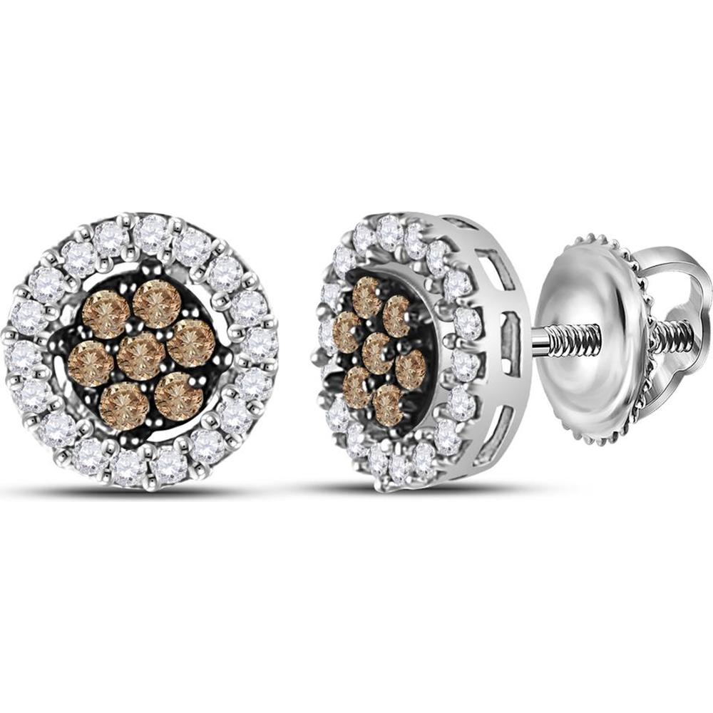 10K White Gold Flower Cluster Stud Earrings with Round Brown and White Diamonds - 0.25 Carat Total Diamond Weight
