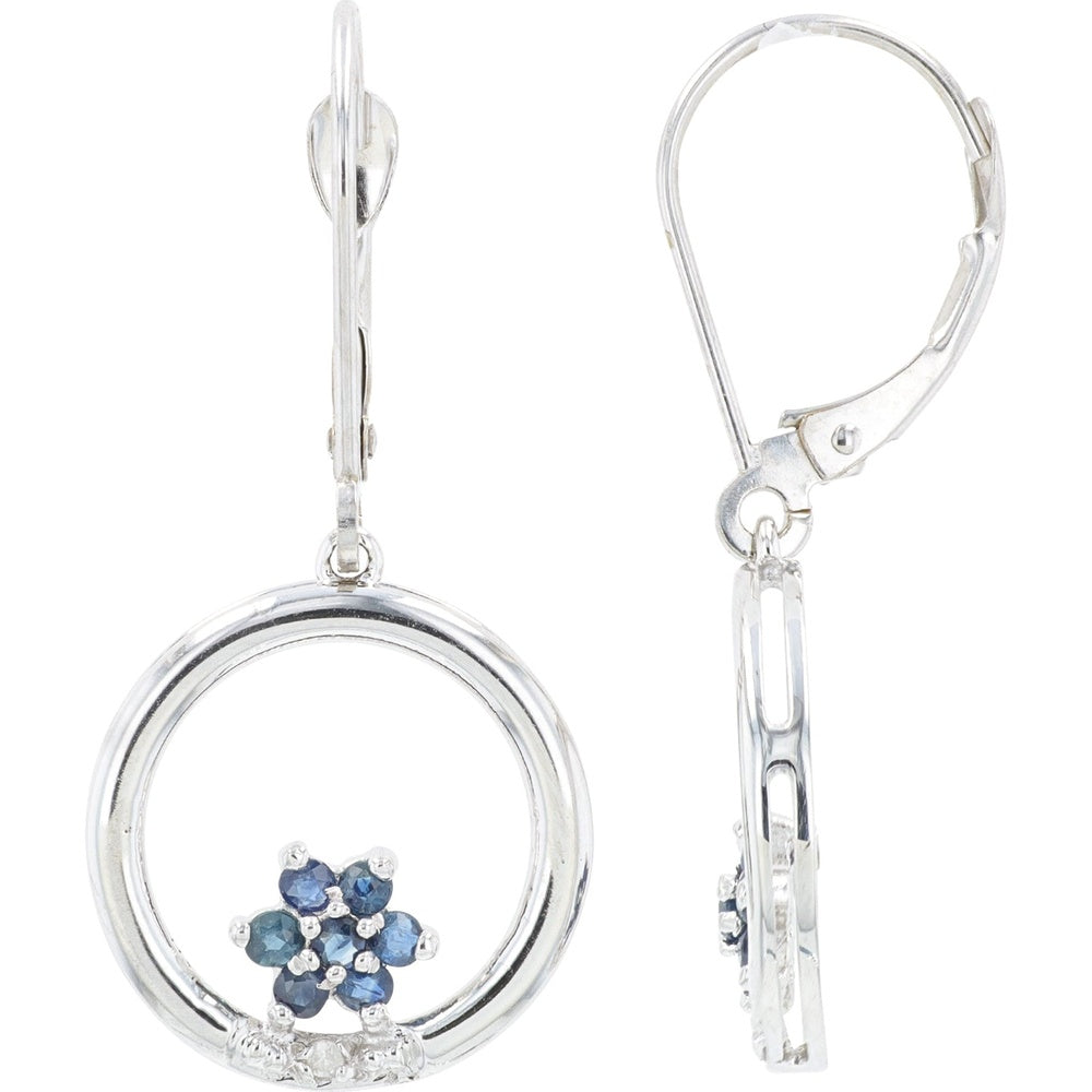 10K White Gold Flower Drop Earrings with Round Sapphire Cluster and Diamond Accents - 0.28-0.42 Carat Total Sapphire Weight