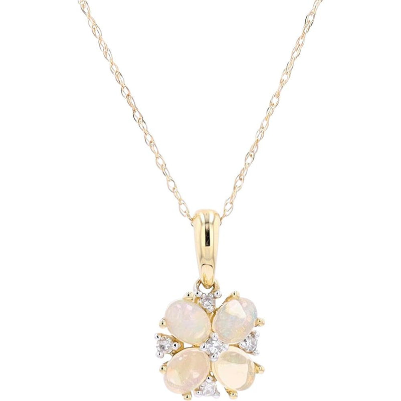 10K White Gold Flower Pendant with Oval Opals and Diamond Accents - 0.06 Carats Total Diamond Weight