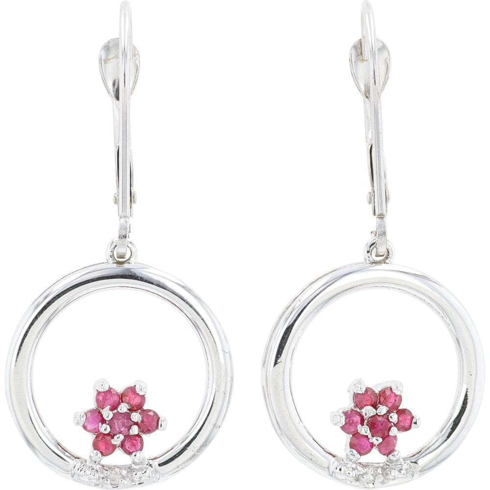 10K White Gold Flower Stud Earrings with Ruby Petals and Diamond Center – 0.28–0.42 Carat Total Ruby Weight, 0.01 Carat Total Diamond Weight