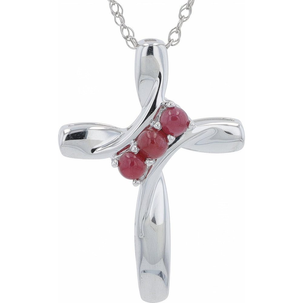 10K White Gold Flowing Ribbon Cross Pendant with Prong-Set Round Rubies - 0.22 Carat Total Gem Weight