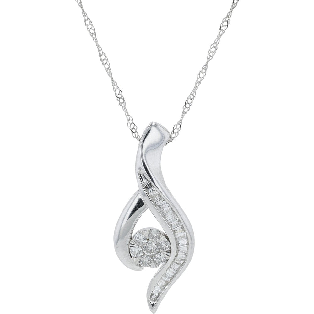 10K White Gold Flowing Ribbon Pendant with Round Diamond Cluster and Baguette Accents - 0.25 Carat Total Diamond Weight