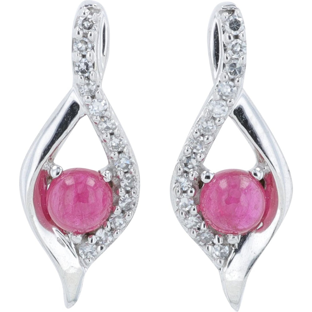 10K White Gold Free-Form Drop Earrings with Cabochon Rubies and Pavé Diamond Accents - 0.36 Carat Total Ruby Weight and 0.08 Carat Total Diamond Weight