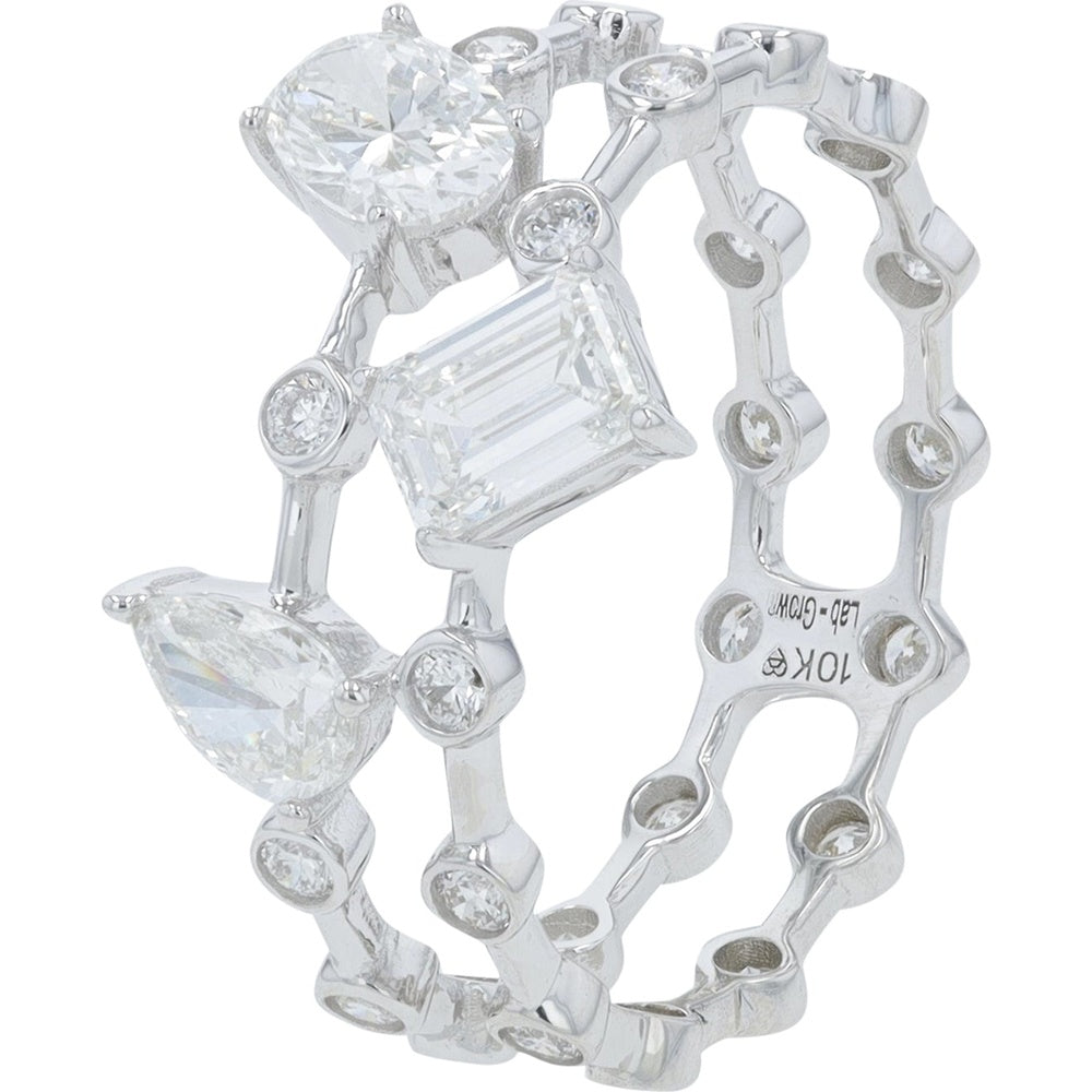 10K White Gold Free-Form Mixed-Cut Lab Grown Diamond Ring with Round, Emerald, and Pear Stones - 1.50 Carat Total Diamond Weight