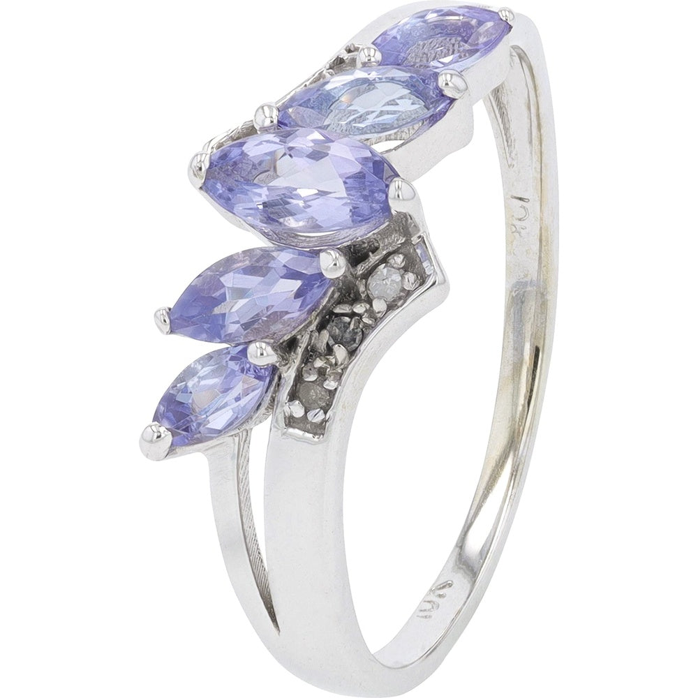 10K White Gold Free-Form Ring with Marquise Cut Tanzanites and Pavé Diamond Accents - 0.03 Carat Total Diamond Weight