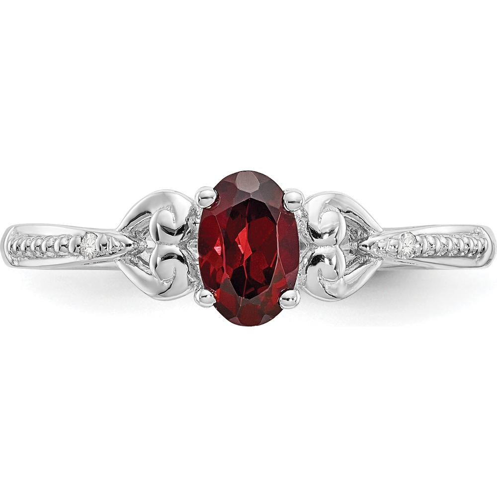 10K White Gold Garnet and Diamond Band Ring - 0.6 Carat Oval Garnet and 0.005 Carat Round Diamonds