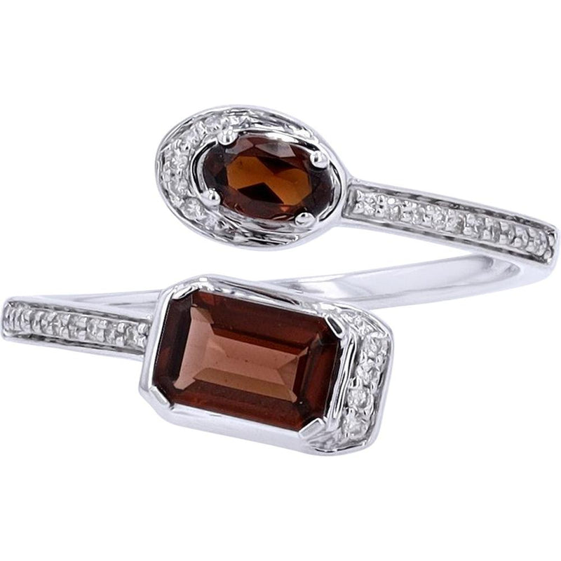 10K White Gold Garnet and Diamond Cuff Ring with Asymmetrical Design - 3/4 Carats Garnet, 0.09 Carats Diamonds