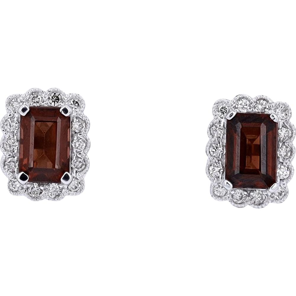 10K White Gold Garnet and Diamond Halo Stud Earrings - 0.20 Carats Total Diamond Weight