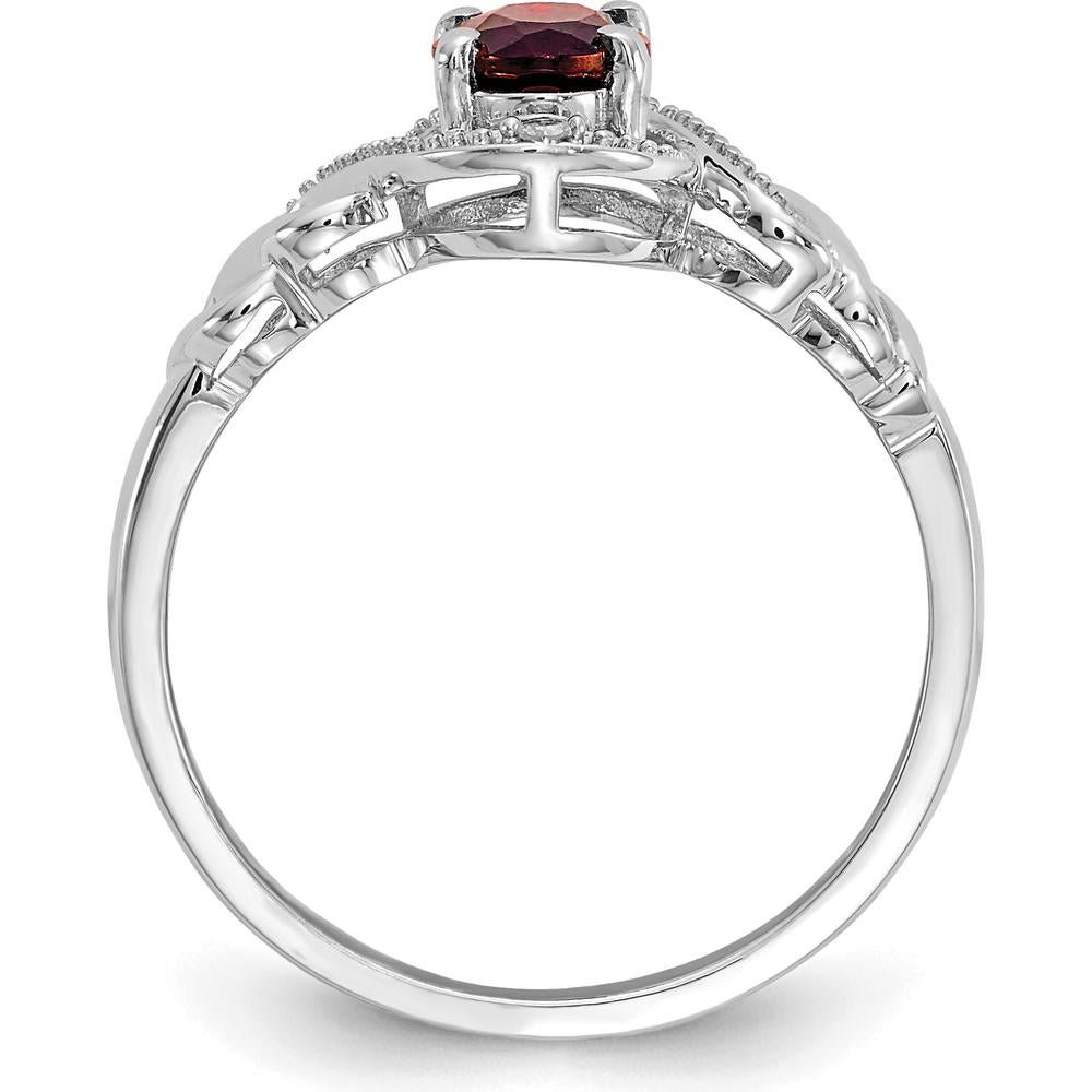 10K White Gold Garnet and Diamond Ring with Prong Set Oval Garnet and Round Diamond Accents - 0.93 Carat Garnet Weight, 0.016 Carat Total Diamond Weight