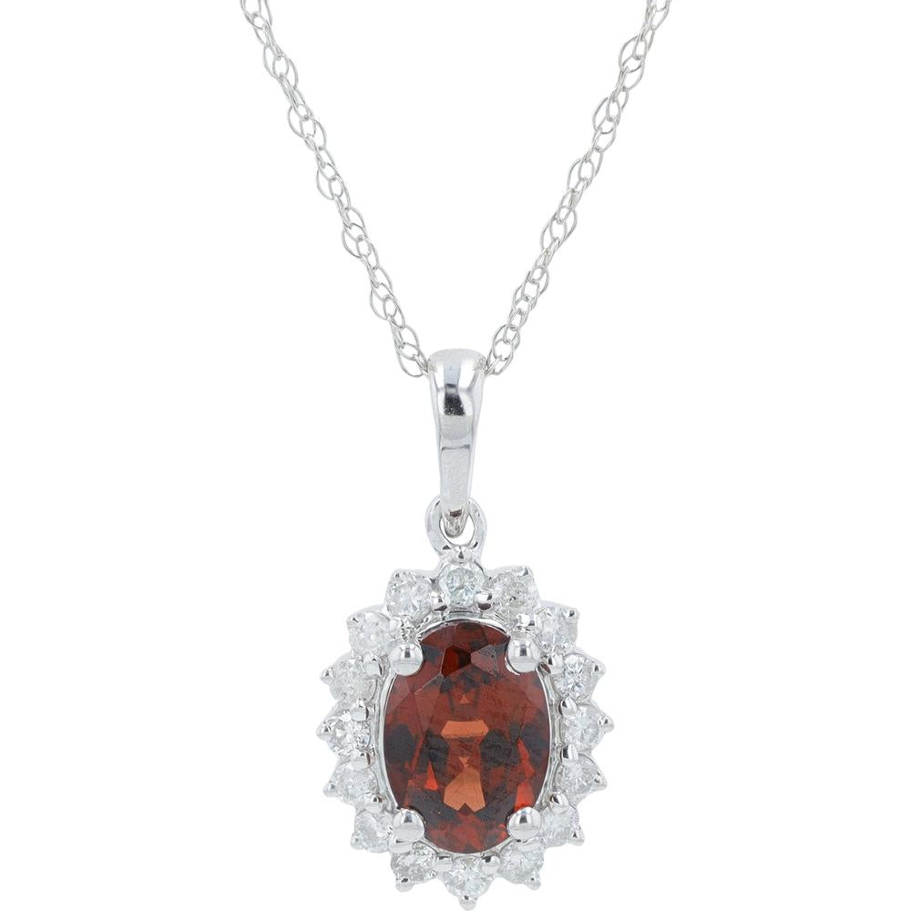 10K White Gold Garnet Halo Pendant with Diamond Accents - 0.22 Carat Total Diamond Weight