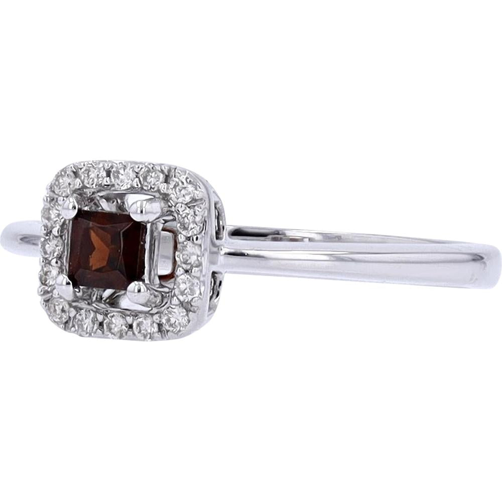 10K White Gold Garnet Ring with Diamond Halo - 0.13 Carats Garnet, 0.09 Carats Diamond Total Weight