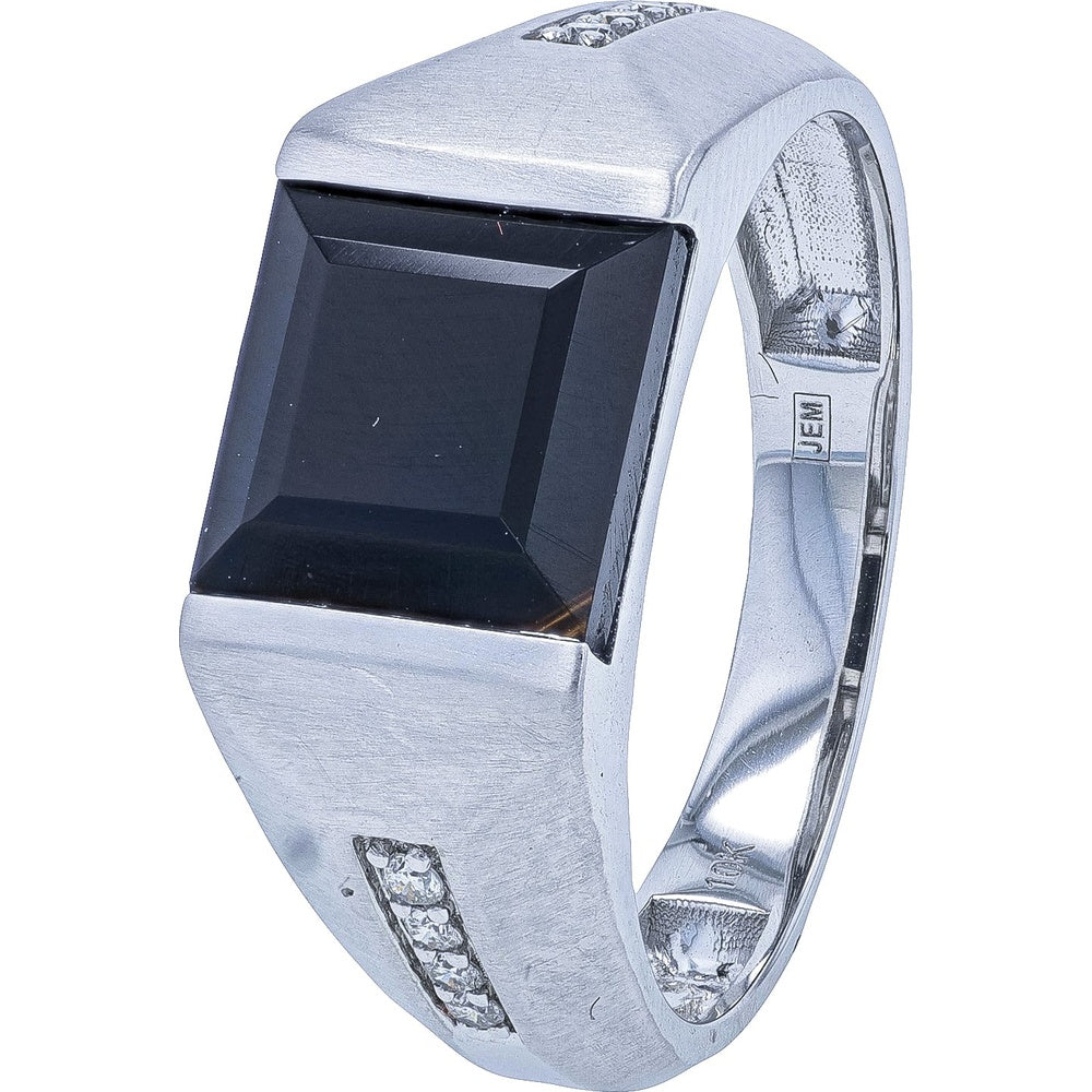 10K White Gold Gents Ring with Brushed Satin Finish and Square Black Onyx Center - 0.10 Carat Total Diamond Weight