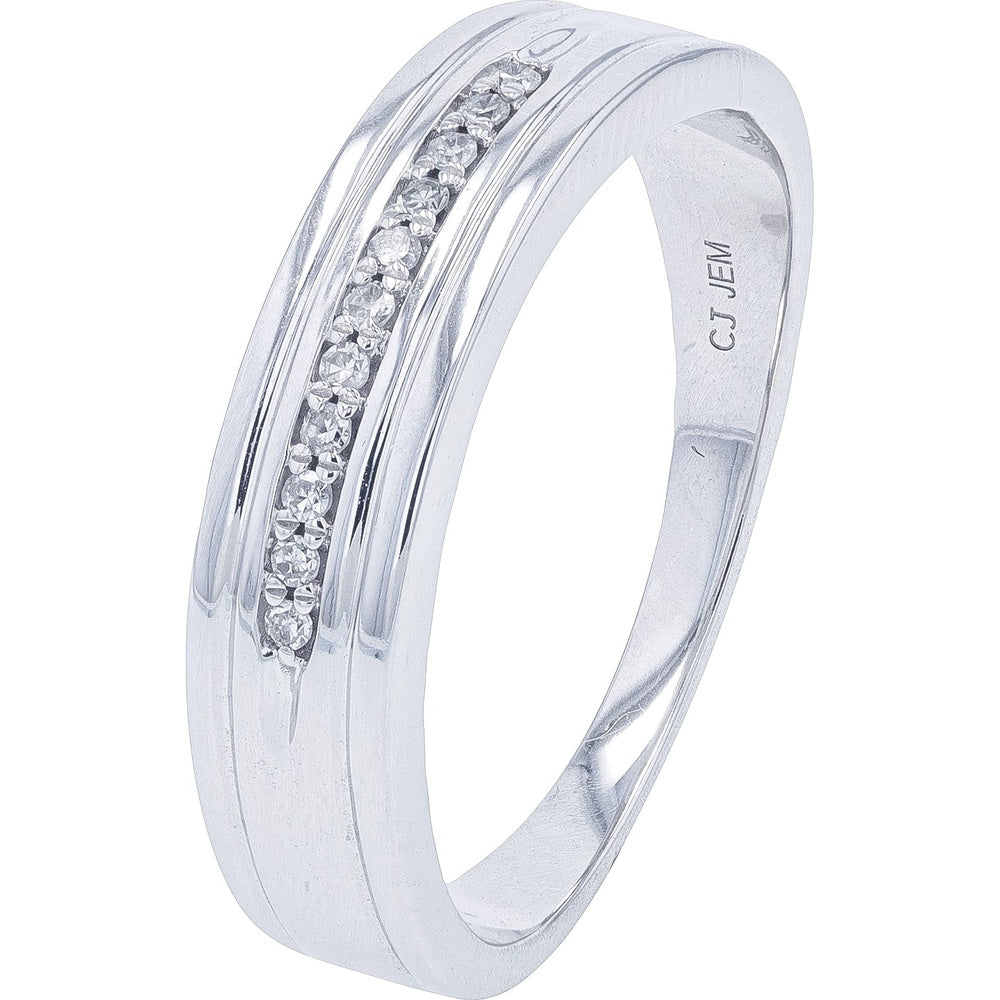 10K White Gold Gents Wedding Band with Pavé-Set Round Diamonds - 0.10 Carat Total Diamond Weight
