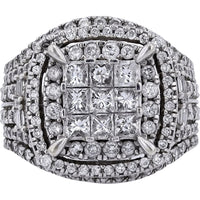 10K White Gold Geometric Cluster Ring with Princess and Baguette Cut Diamonds - 3.00 Carat Total Diamond Weight